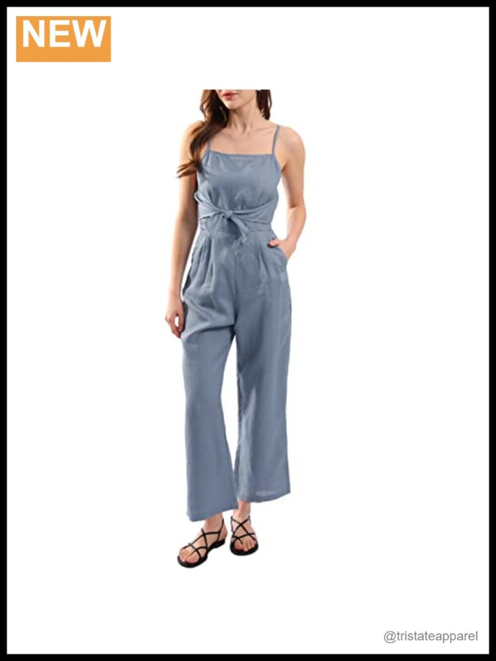 Womens 100% Linen Sleeveless Front Tie Jumpsuit with Pockets